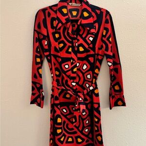 Lanvin 70s Red Blue and Orange Geometric Long Sleeve Dress